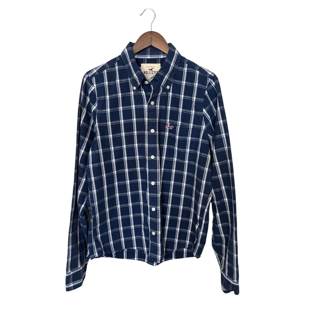 Hollister Mens XL Navy Blue White Plaid Cotton Button‎ Down Long Sleeve Shirt